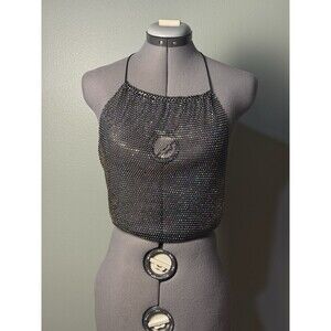 Women’s Rhinestone Studded Stretch Net Halter Crop Top - Club, Rave, Festival